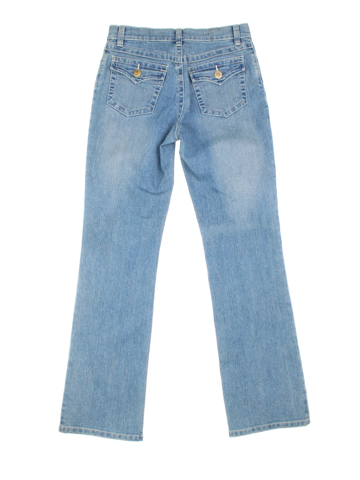 Y2K Rhinestone Flared Jeans in blue colourway. Multiple pockets and all over rhinestone detail.