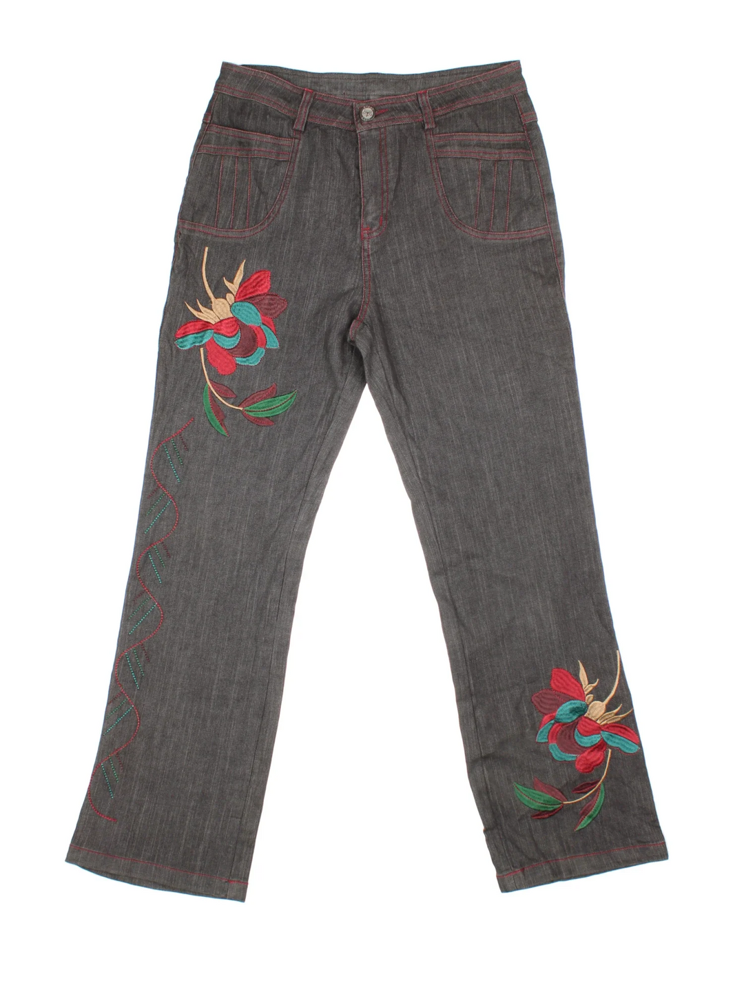 Y2K Y2K Embroidered Flared Jeans in black colourway. Multiple pockets and embroidered detail on the front/back.