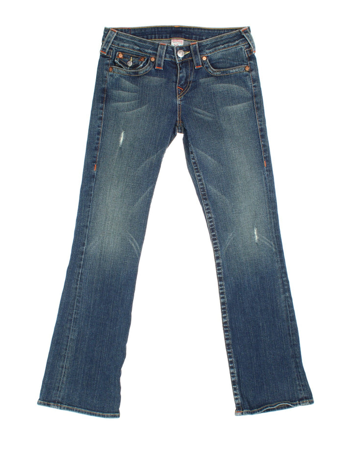 True Religion Y2K Jeans in blue colourway with multiple pockets, rip features and the logo embroidered on the back pockets.