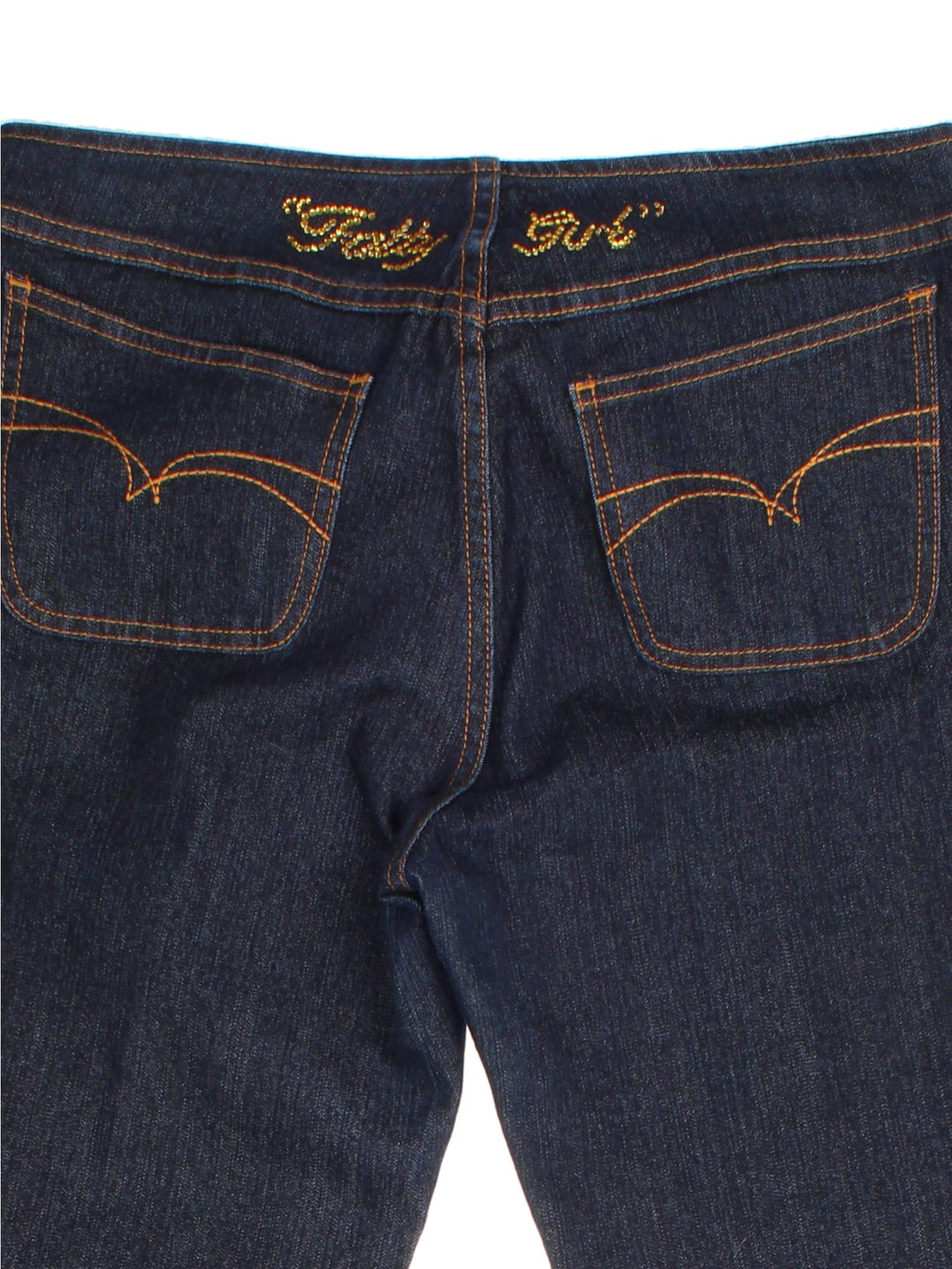 Y2K FUBU Jeans in a dark blue colourway, pin stripe feature, with multiple pockets and the logo embroidered on the back.