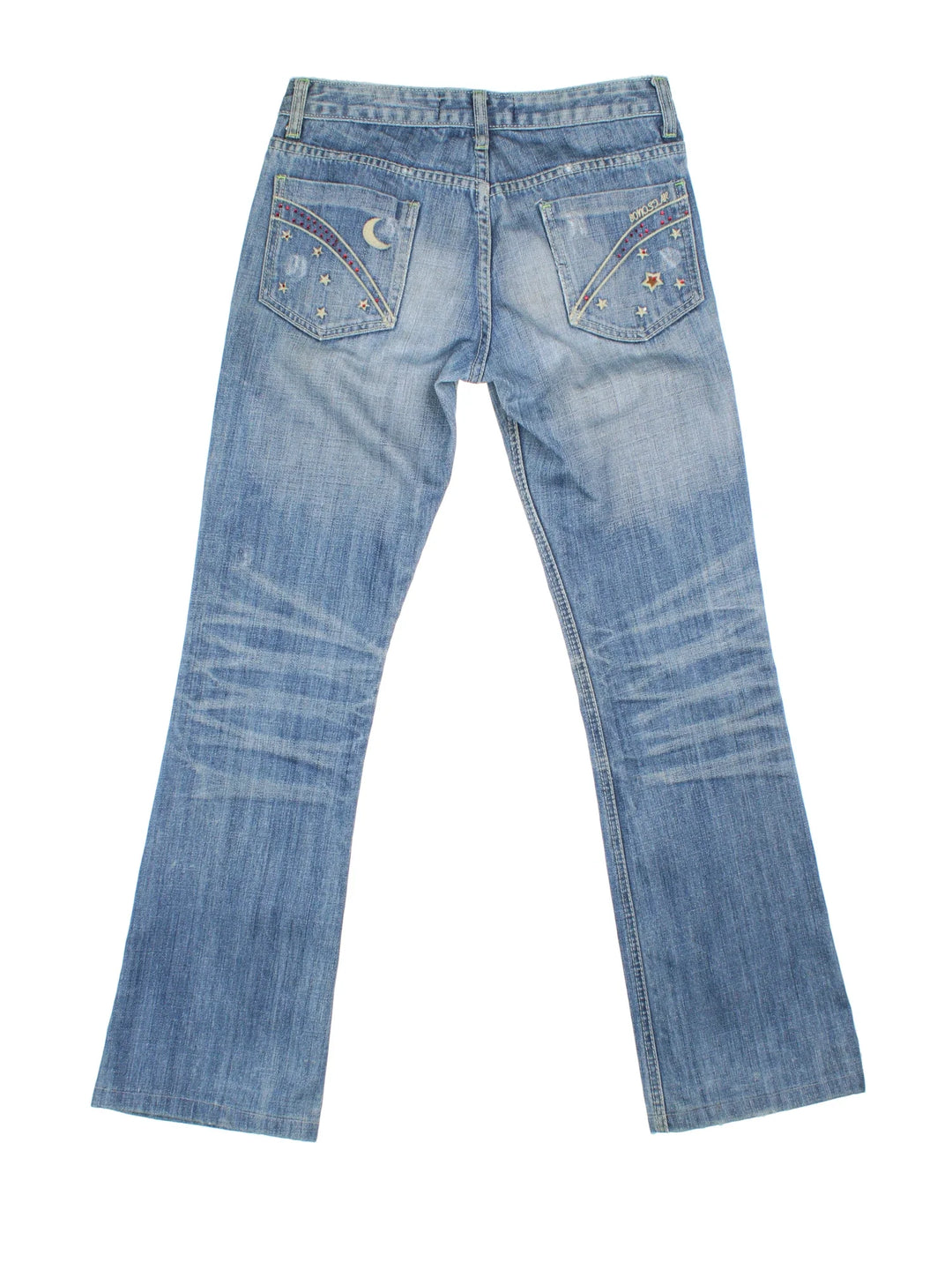 Y2K Diamante Flared Jeans in blue colourway, with multiple pockets, contrast stitching and diamante embroidered on the front/back.