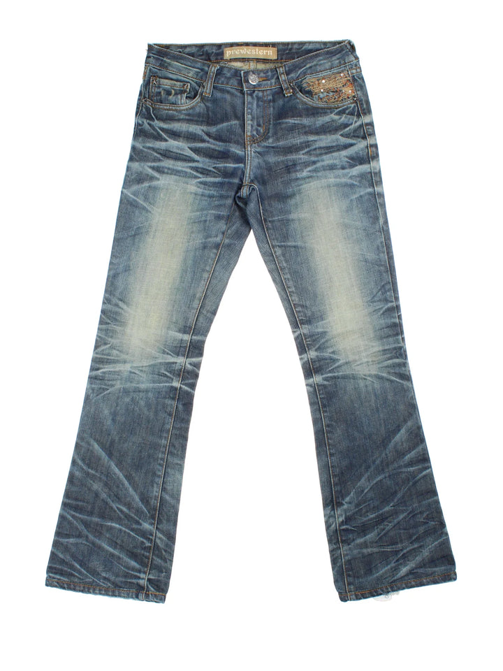 Y2K Diamante Flared Jeans in blue colourway, with multiple pockets, contrast stitching and diamante detailing on the front/back.