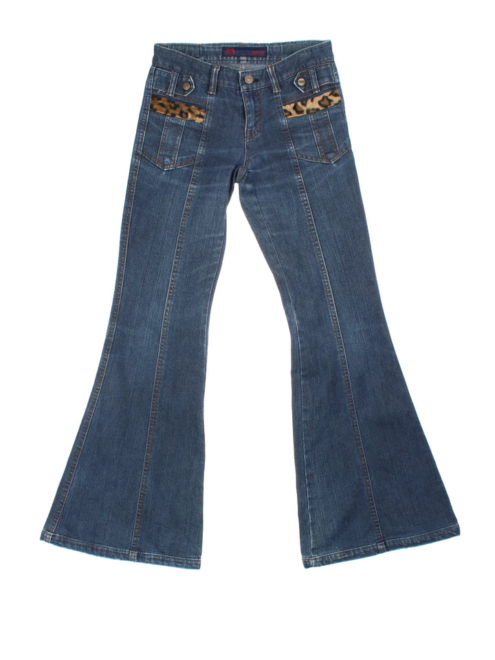 Y2K Leopard Print Flared Jeans in blue colourway, with multiple pockets, contrast leopard print trim and embroidered branding on back.