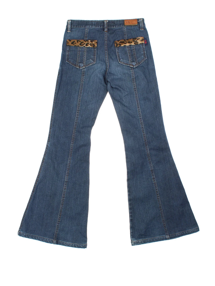 Y2K Leopard Print Flared Jeans in blue colourway, with multiple pockets, contrast leopard print trim and embroidered branding on back.