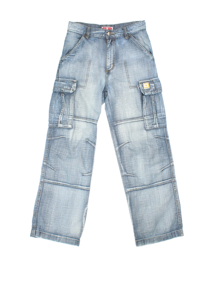 Y2K Cargo Jeans in blue colourway, with multiple pockets and contrast stitching.