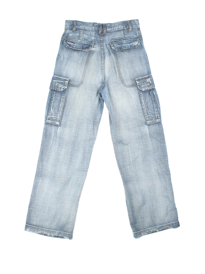 Y2K Cargo Jeans in blue colourway, with multiple pockets and contrast stitching.