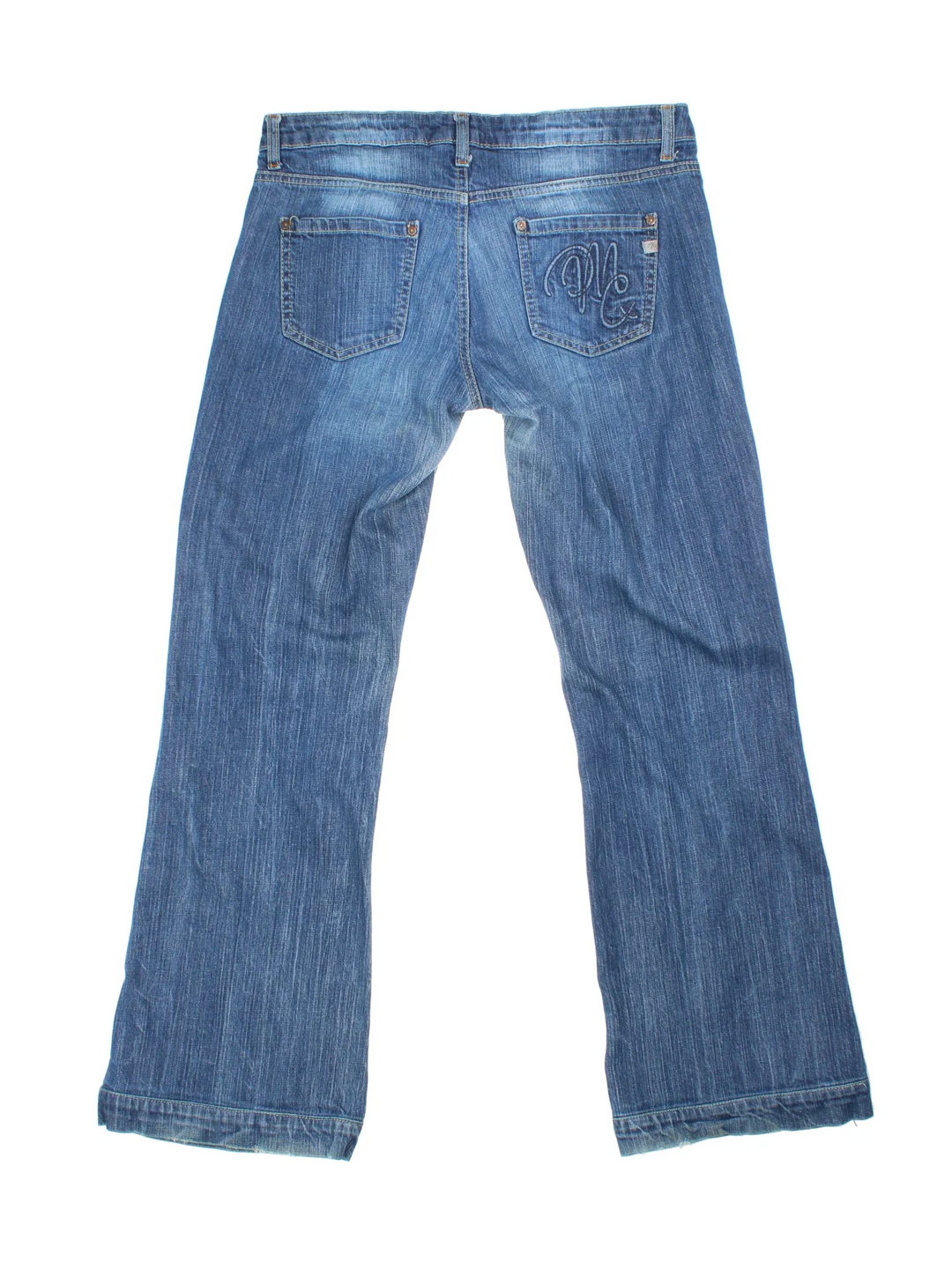 Y2K Flared Jeans in blue colourway, with multiple pockets, contrast stitching and embroidered branding on the back.