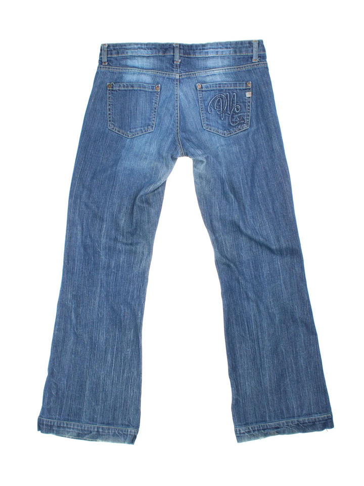 Y2K Flared Jeans in blue colourway, with multiple pockets, contrast stitching and embroidered branding on the back.