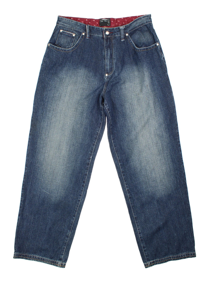 Vintage 90's Phat Farm Jeans in blue colourway, with multiple pockets, contrast stitching and embroidered branding on the back.
