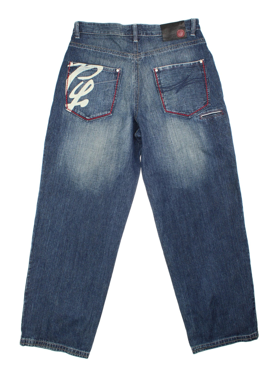 Vintage 90's Phat Farm Jeans in blue colourway, with multiple pockets, contrast stitching and embroidered branding on the back.