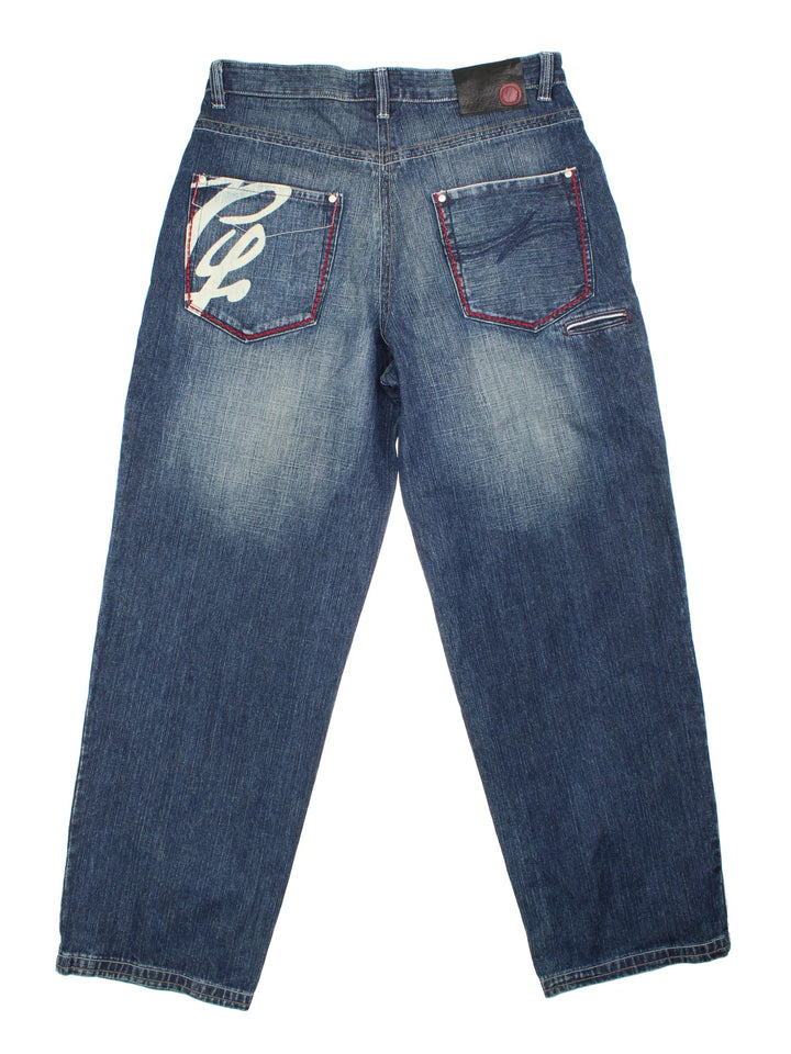 Vintage 90's Phat Farm Jeans in blue colourway, with multiple pockets, contrast stitching and embroidered branding on the back.
