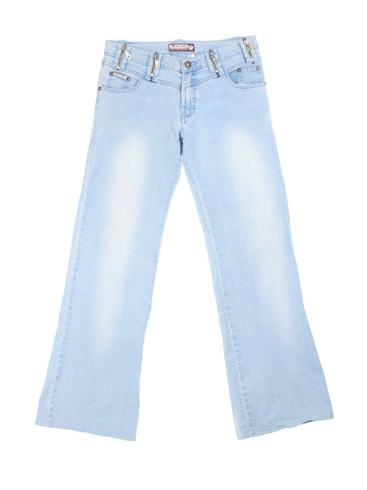 Y2K Zip Flared Jeans in blue colourway, with multiple pockets, zip belt loop detail and embroidered branding on the front.