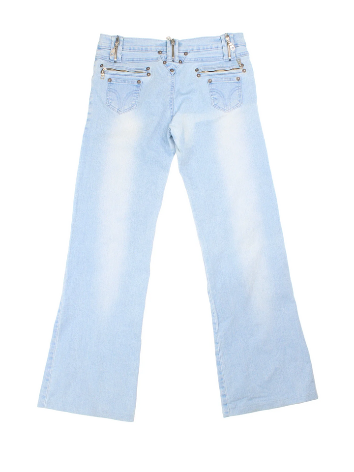 Y2K Zip Flared Jeans in blue colourway, with multiple pockets, zip belt loop detail and embroidered branding on the front.