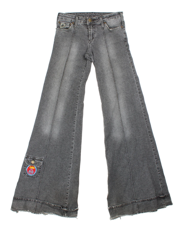 Y2K Lois Wide Leg Flared Jeans in grey colourway, with multiple pockets, contrast stitching and embroidered branding on the front/back.
