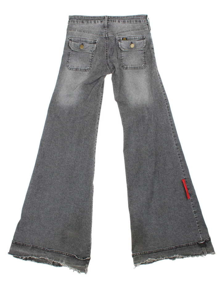 Y2K Lois Wide Leg Flared Jeans in grey colourway, with multiple pockets, contrast stitching and embroidered branding on the front/back.
