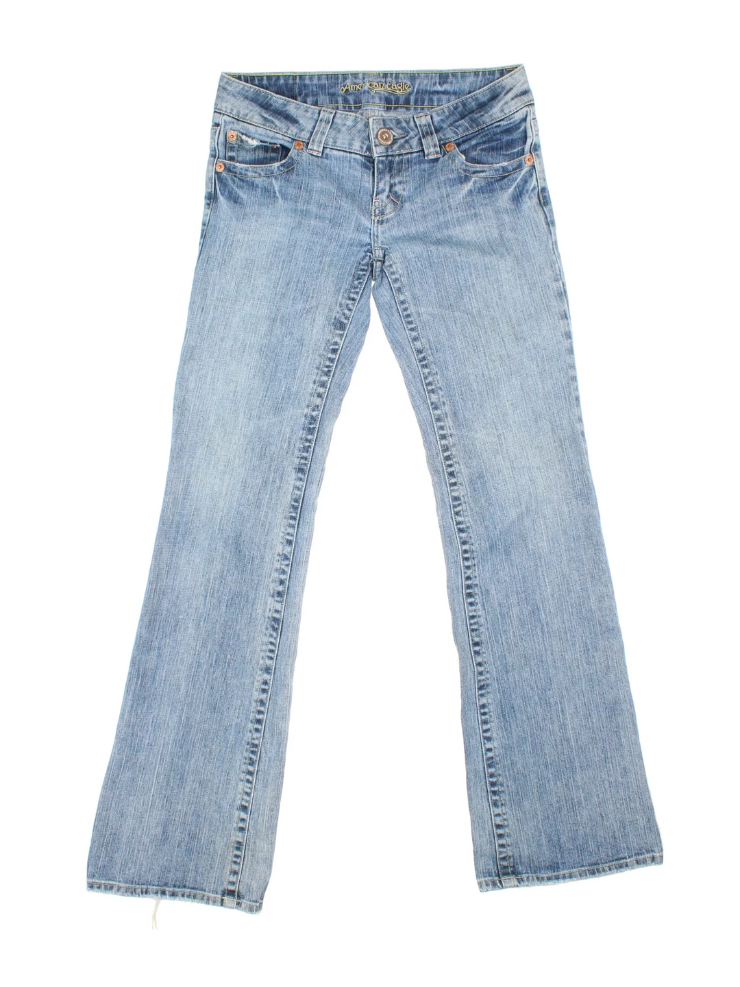 Y2K American Eagle Low Rise Flared Jeans in blue colourway with multiple pockets and the logo embroidered on the back.