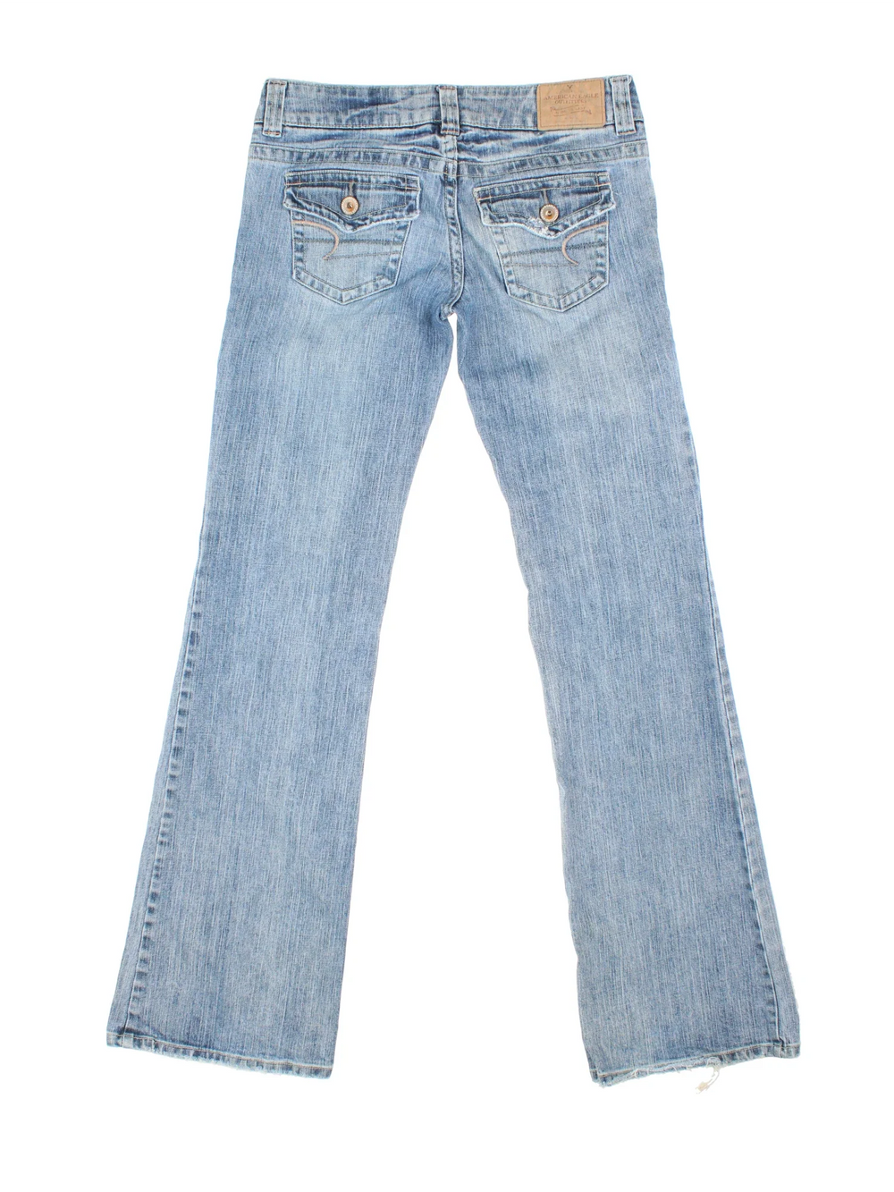 Y2K American Eagle Low Rise Flared Jeans in blue colourway with multiple pockets and the logo embroidered on the back.