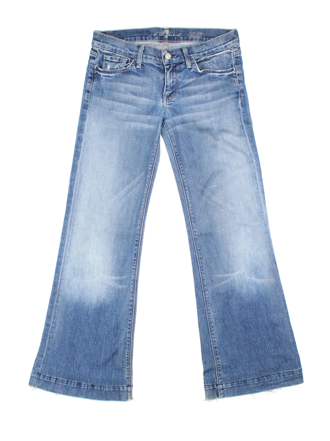 Y2K 7 For All Mankind Low Rise Flared Jeans in blue colourway with multiple pockets and the logo embroidered on the back.