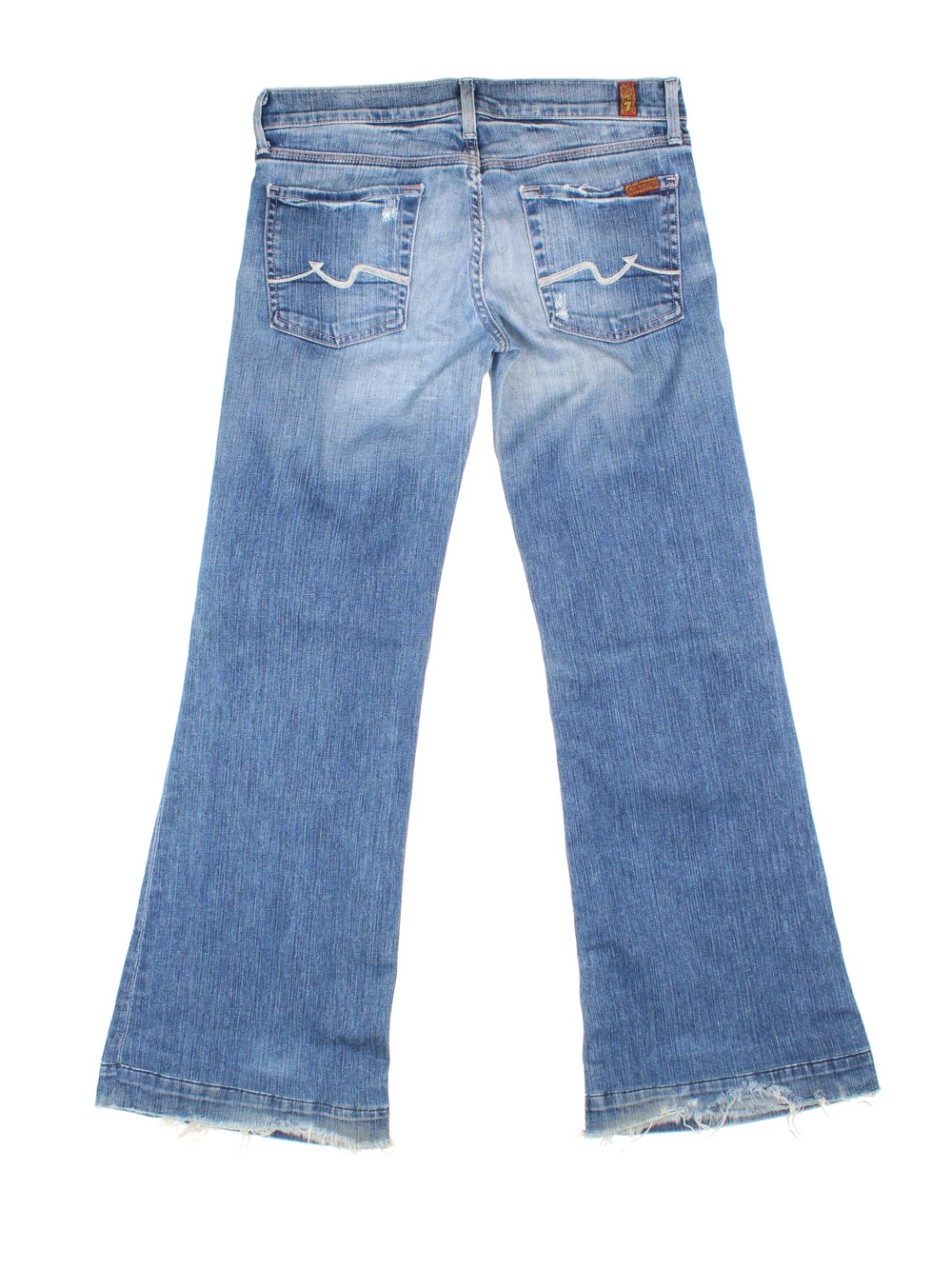 Y2K 7 For All Mankind Low Rise Flared Jeans in blue colourway with multiple pockets and the logo embroidered on the back.