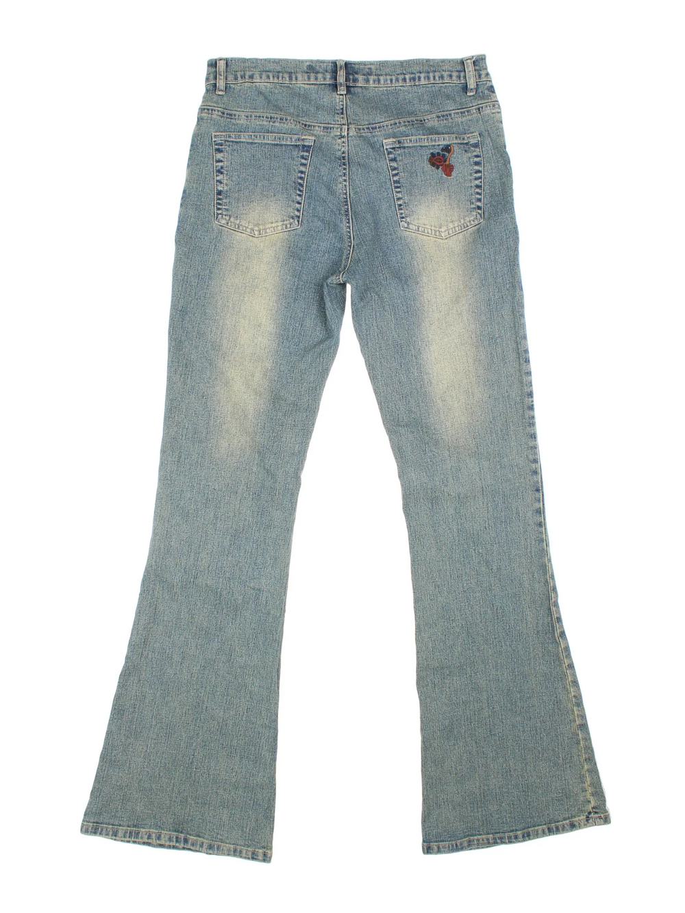 Y2K Embroidered Low Rise Flared Jeans in blue colourway with multiple pockets and embroidered detailing on the front/back.