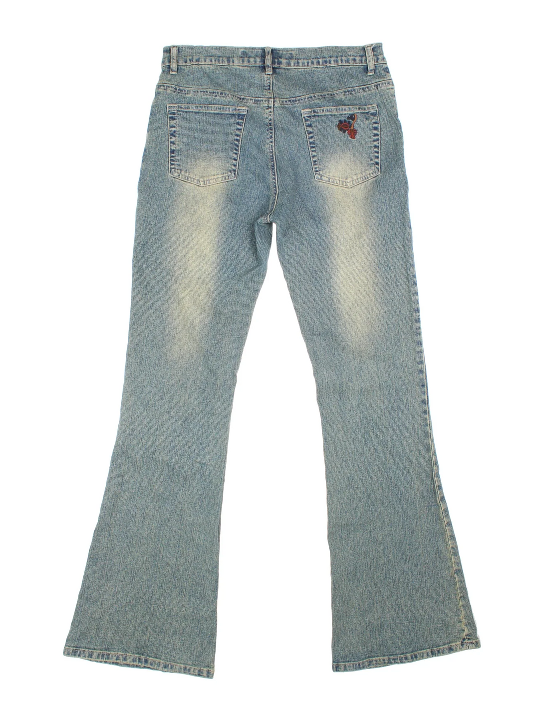 Y2K Embroidered Low Rise Flared Jeans in blue colourway with multiple pockets and embroidered detailing on the front/back.