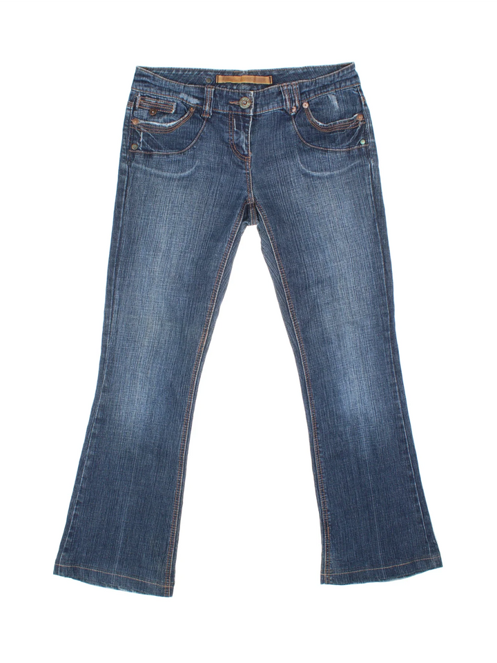 Y2K Low Rise Flared Jeans in blue colourway with multiple pockets and embroidered patch back.
