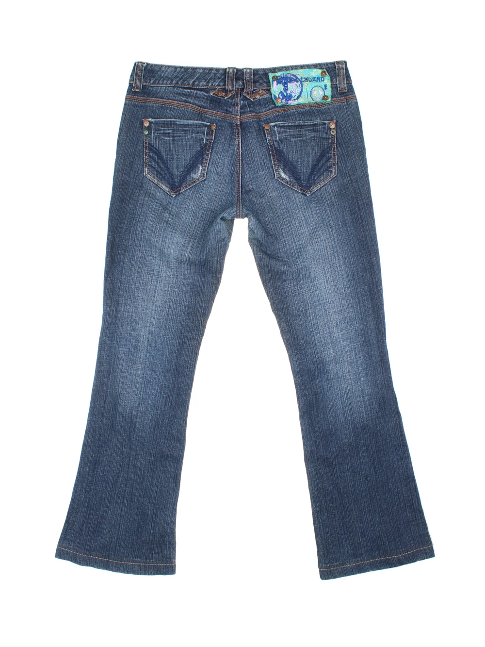 Y2K Low Rise Flared Jeans in blue colourway with multiple pockets and embroidered patch back.