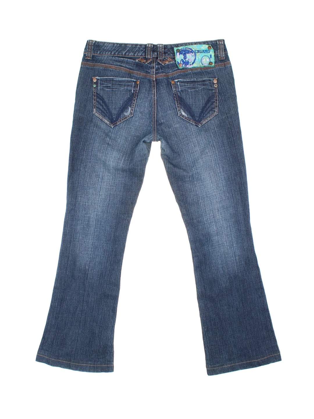 Y2K Low Rise Flared Jeans in blue colourway with multiple pockets and embroidered patch back.