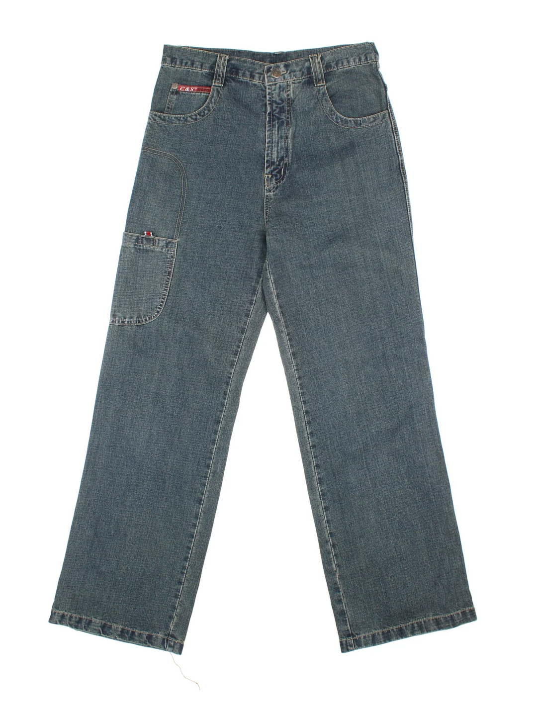 Y2K Baggy Skate Jeans in blue colourway with multiple pockets and embroidered detailing on back.