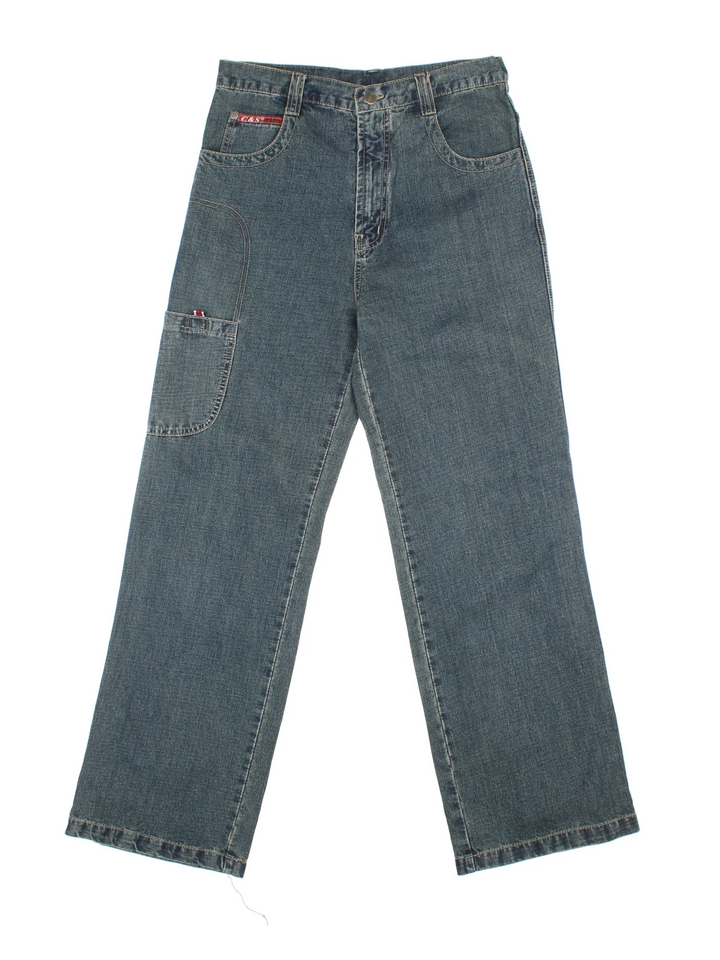 Y2K Baggy Skate Jeans in blue colourway with multiple pockets and embroidered detailing on back.
