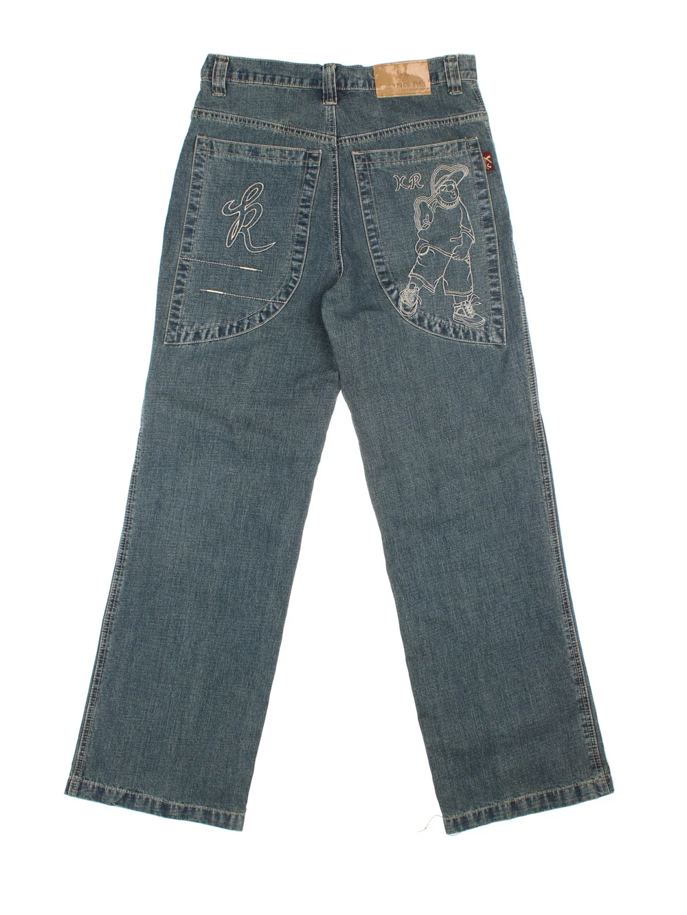Y2K Baggy Skate Jeans in blue colourway with multiple pockets and embroidered detailing on back.