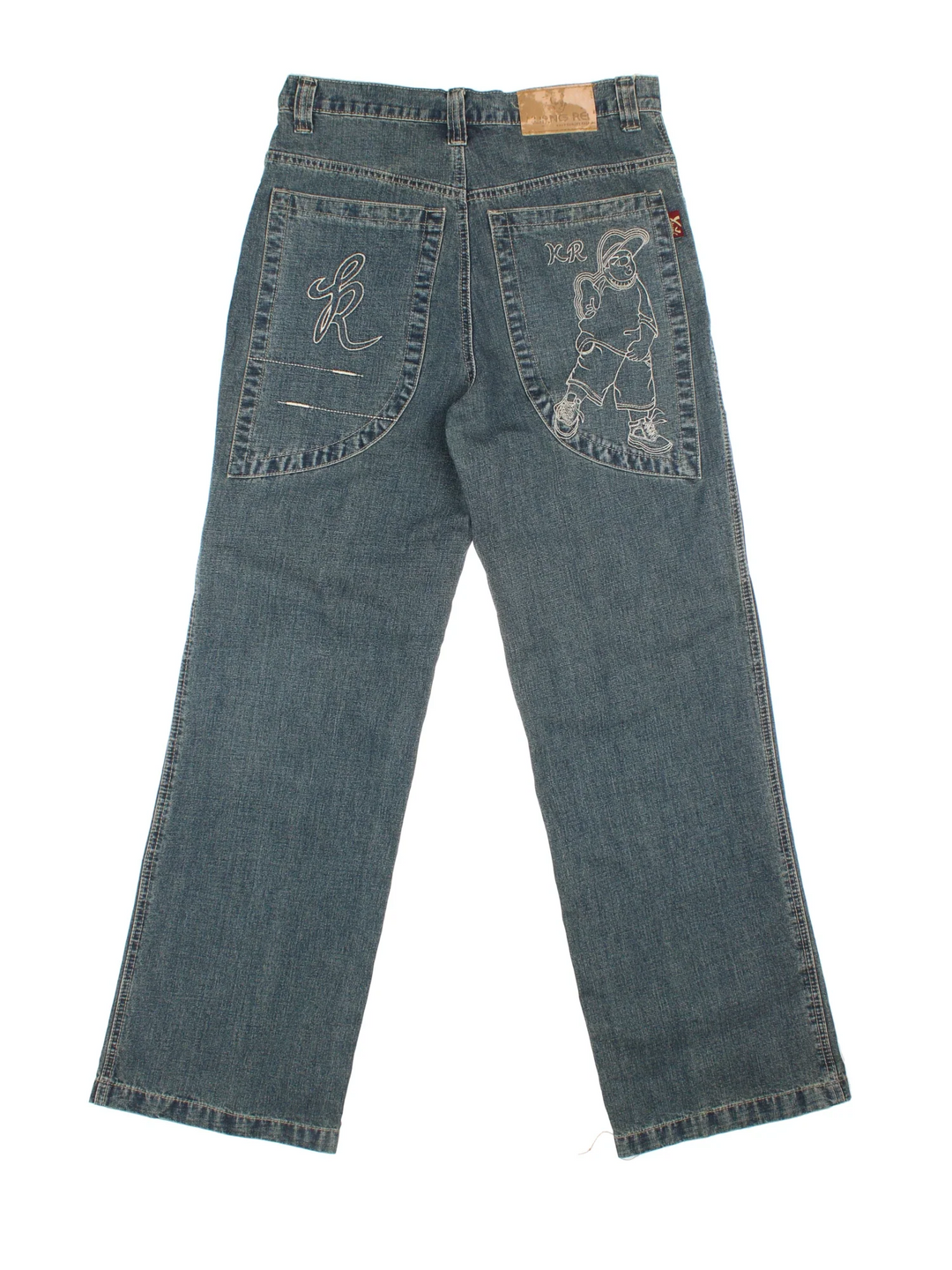 Y2K Baggy Skate Jeans in blue colourway with multiple pockets and embroidered detailing on back.