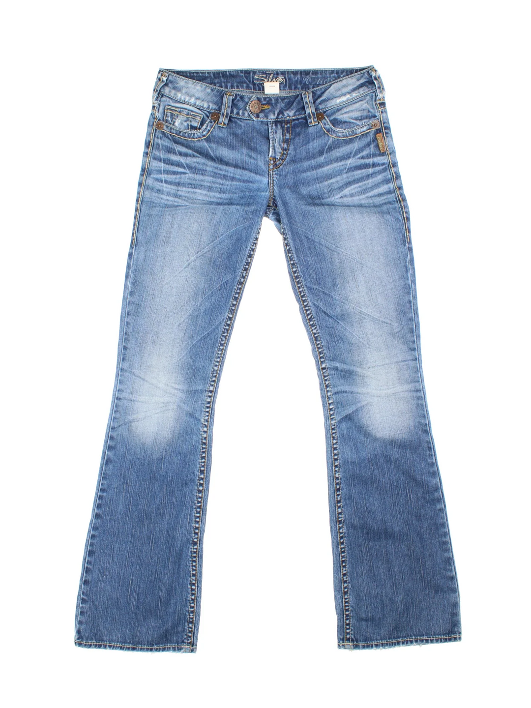 Y2K Low Rise Flared Jeans in blue colourway with multiple pockets and the logo embroidered on the back.