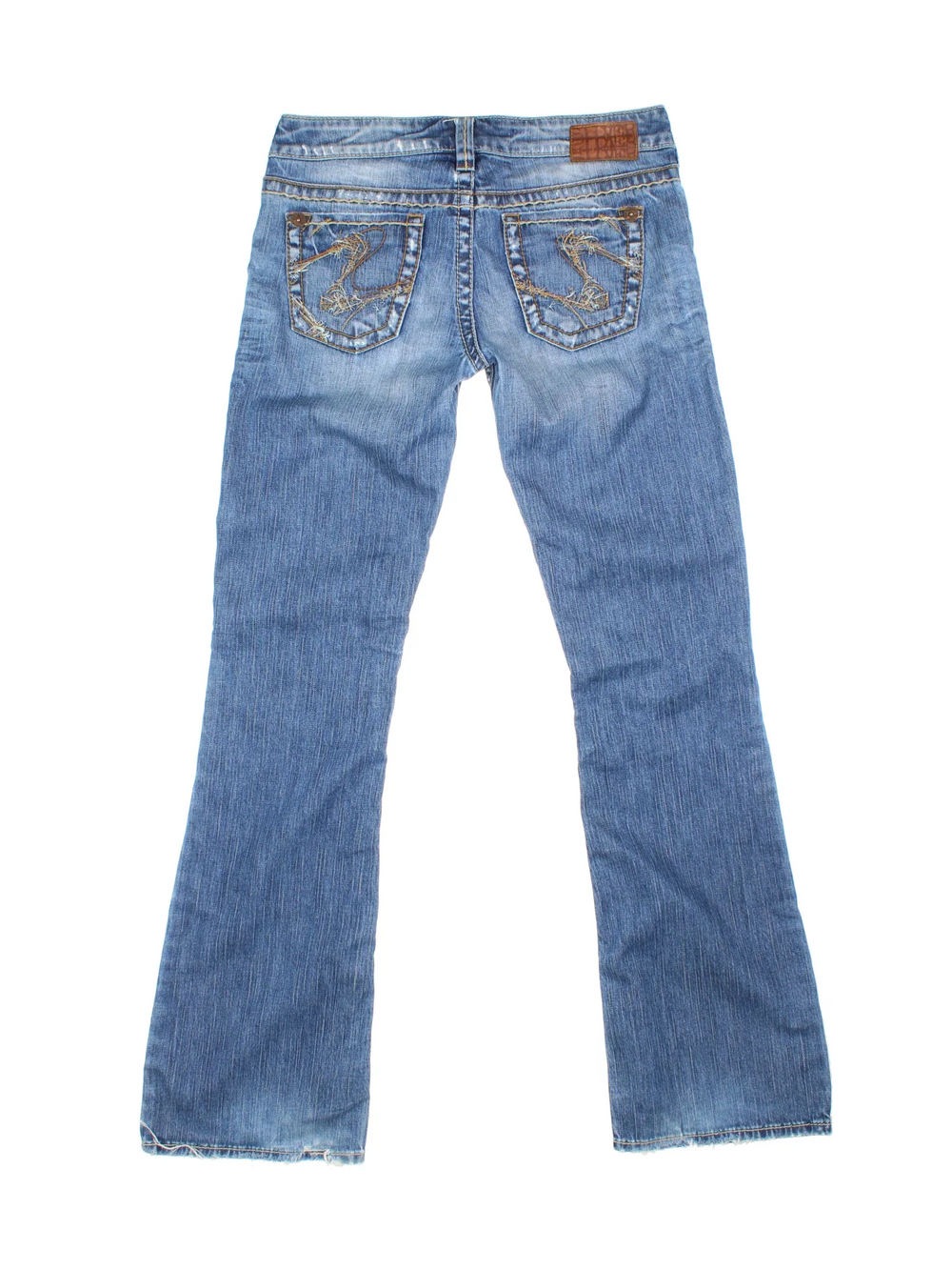 Y2K Low Rise Flared Jeans in blue colourway with multiple pockets and the logo embroidered on the back.
