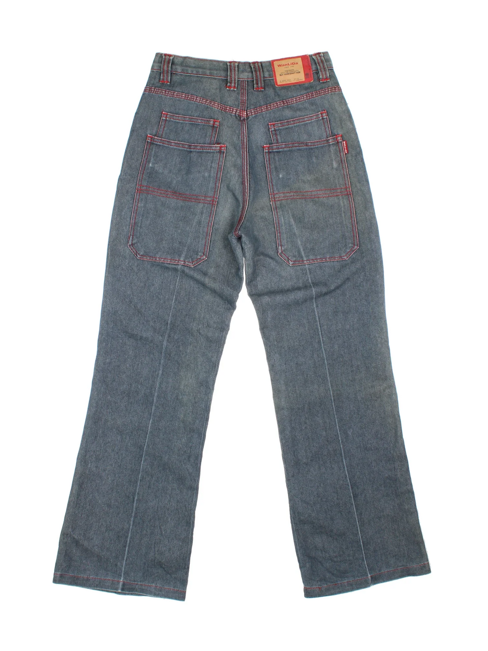 Y2K Wan Lin Da Japanese Denim Baggy Jeans in blue colourway with multiple pockets and the logo embroidered on the back.
