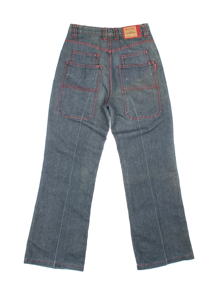 Y2K Wan Lin Da Japanese Denim Baggy Jeans in blue colourway with multiple pockets and the logo embroidered on the back.