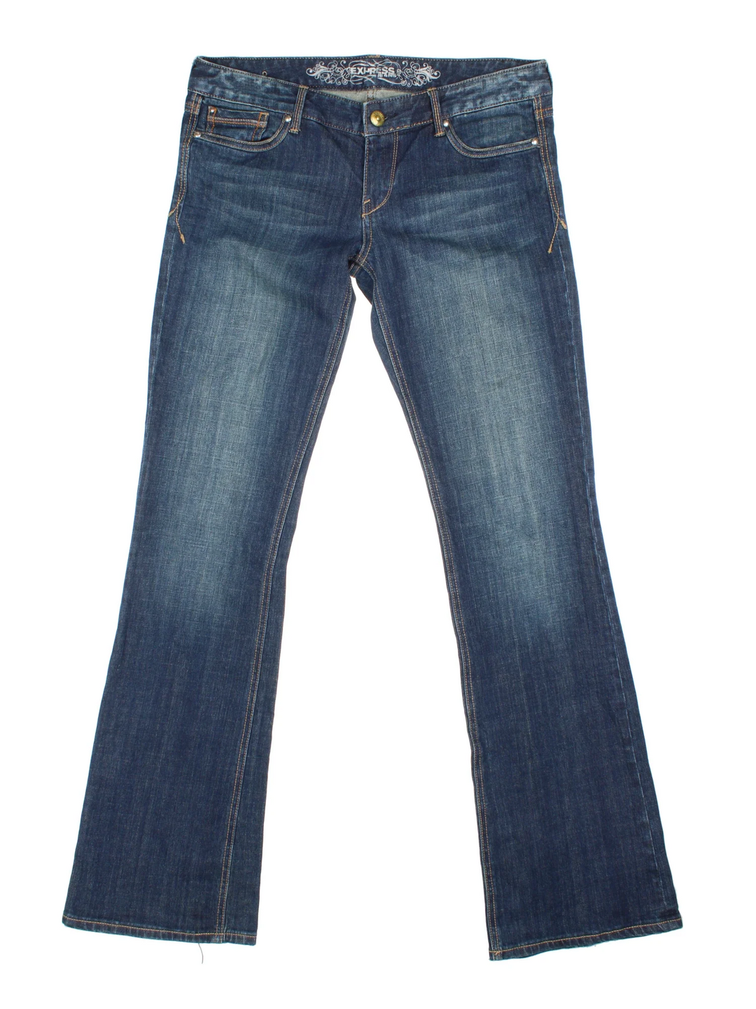 Y2K Low Rise Flared Jeans in blue colourway with multiple pockets and embroidered branding on the back.