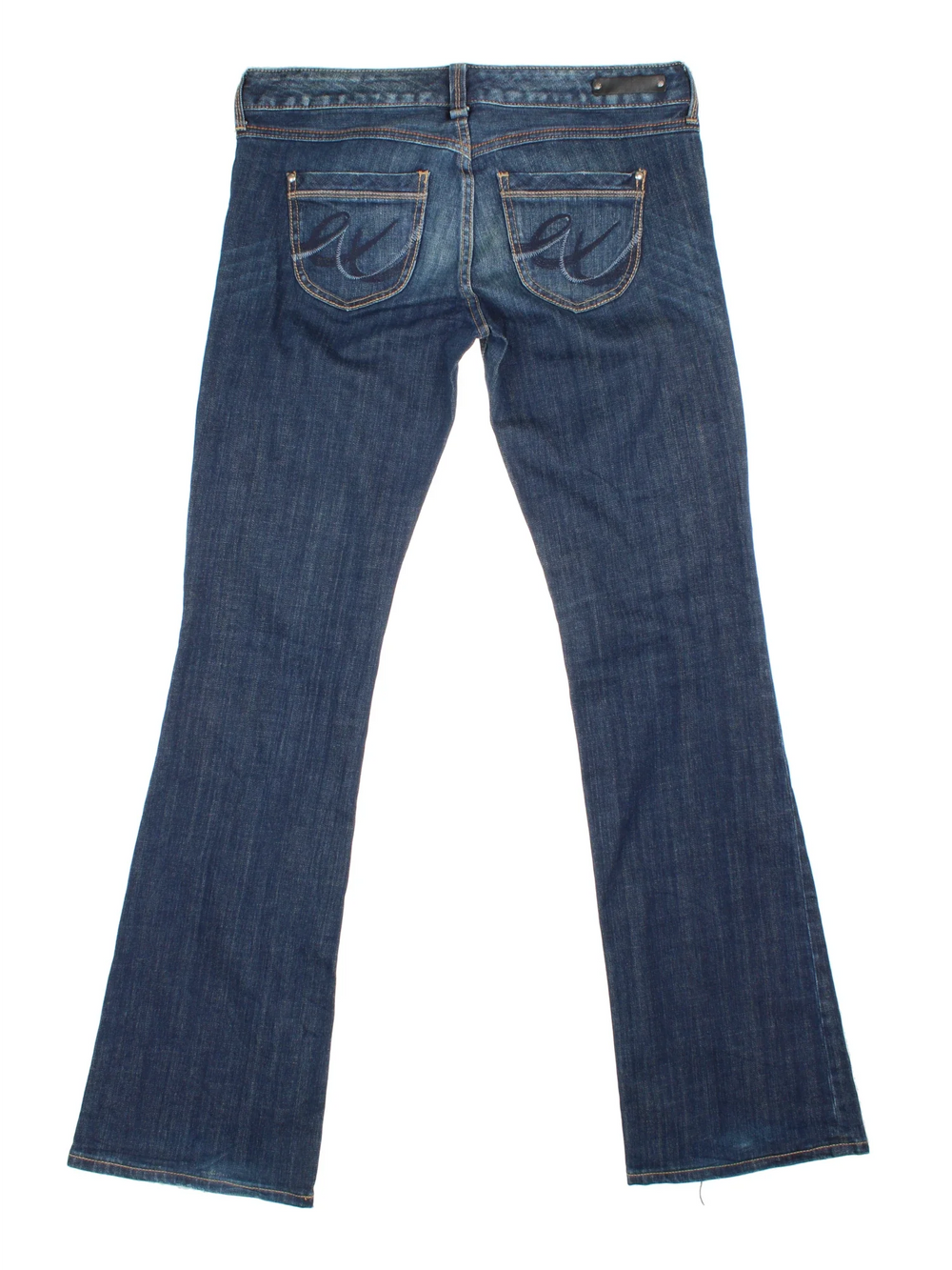 Y2K Low Rise Flared Jeans in blue colourway with multiple pockets and embroidered branding on the back.