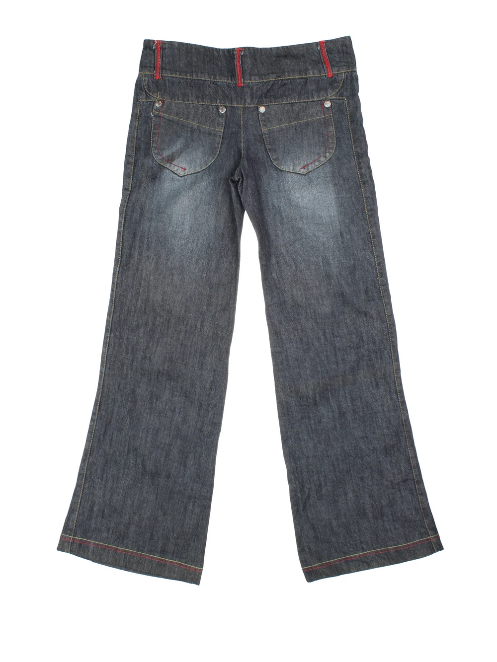 Y2K Low Rise Flared Jeans in blue colourway with multiple pockets and contrast stitching.