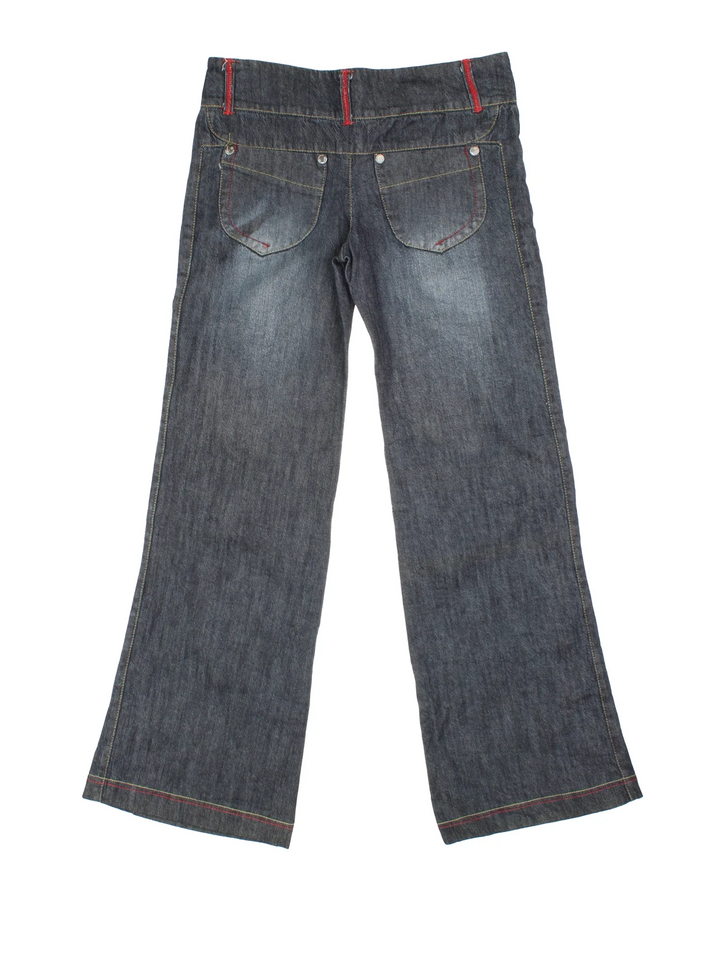 Y2K Low Rise Flared Jeans in blue colourway with multiple pockets and contrast stitching.