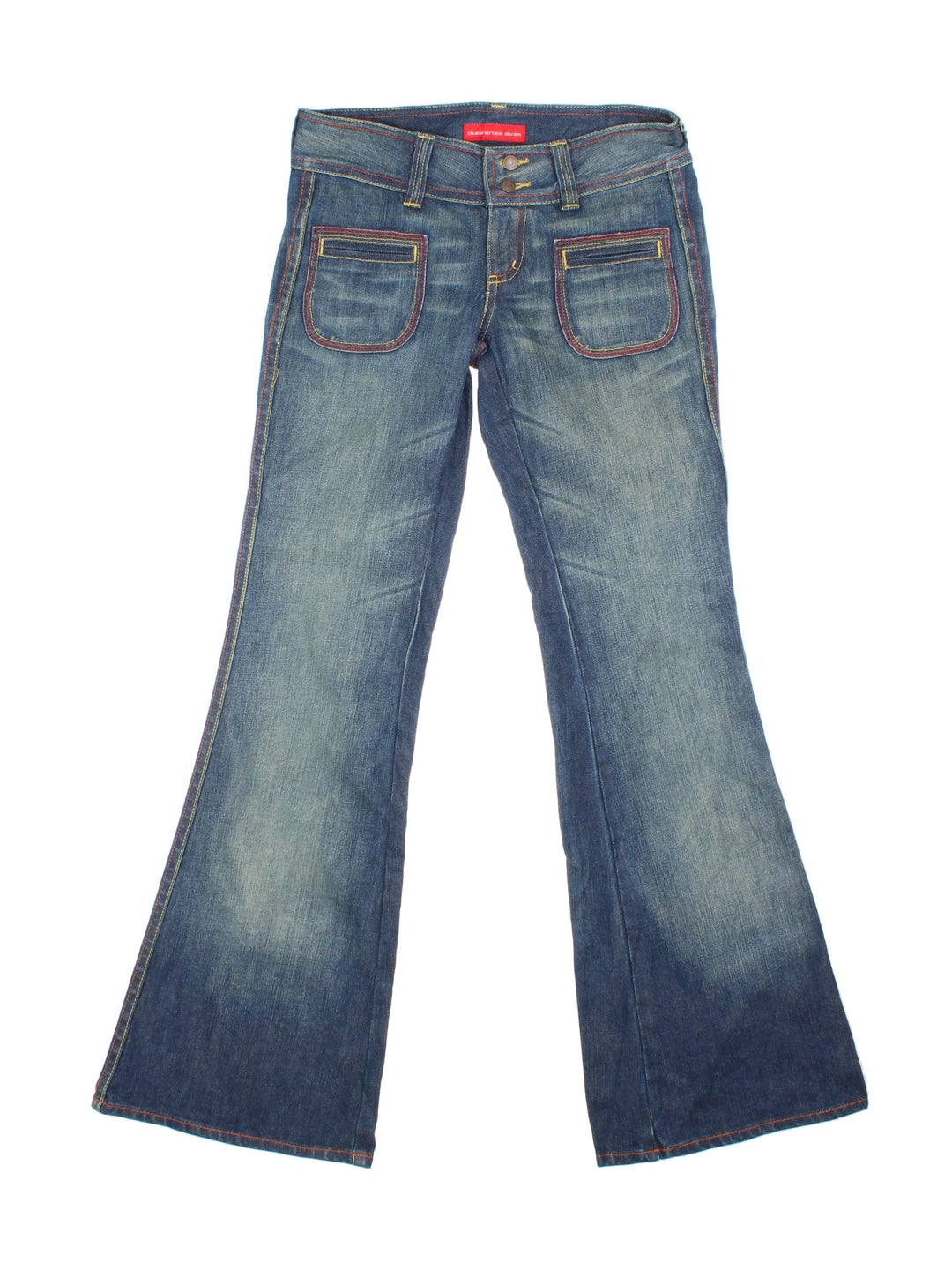 Y2K Low Rise Flared Jeans in blue colourway with multiple pockets and contrast stitching.