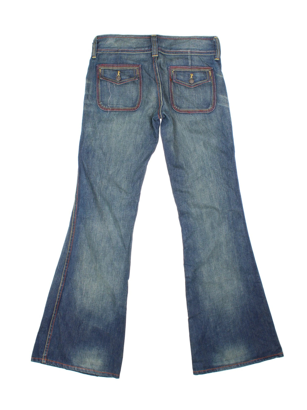 Y2K Low Rise Flared Jeans in blue colourway with multiple pockets and contrast stitching.