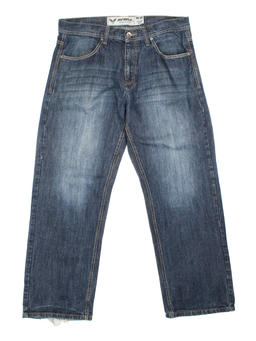 Vintage Y2K Avirex Jeans in blue colourway with multiple pockets and leather detailing on the back.