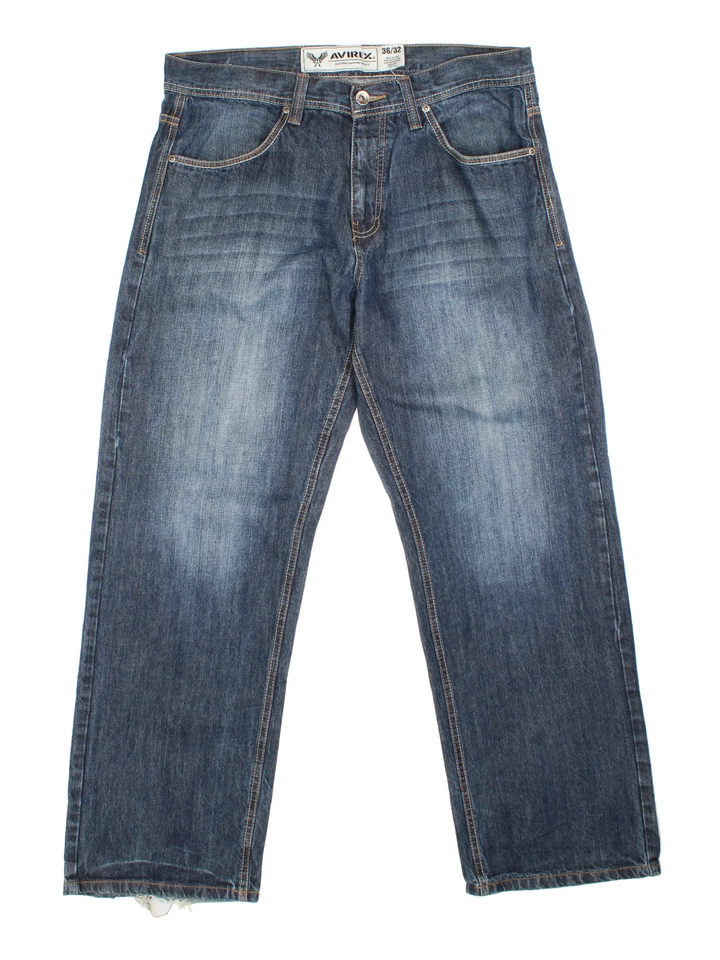 Vintage Y2K Avirex Jeans in blue colourway with multiple pockets and leather detailing on the back.