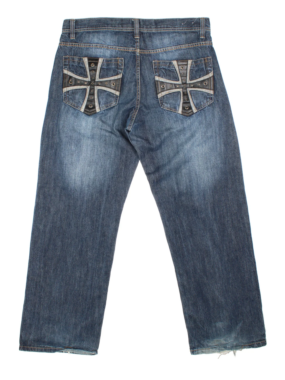 Vintage Y2K Avirex Jeans in blue colourway with multiple pockets and leather detailing on the back.