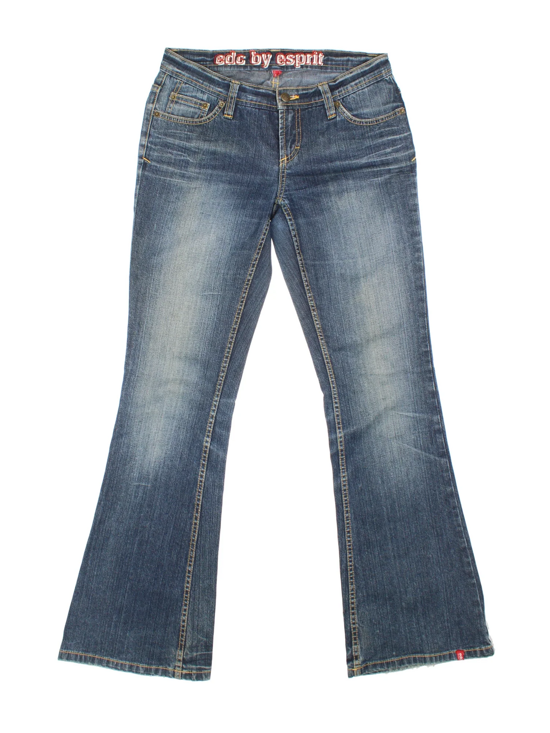 Y2K Espirit Low Rise Flared Jeans in blue colourway with multiple pockets and contrast stitching.