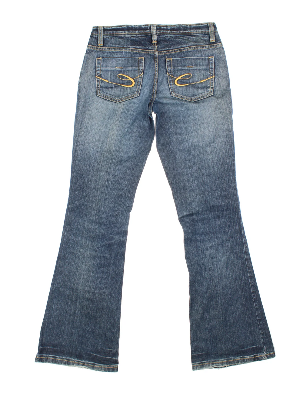 Y2K Espirit Low Rise Flared Jeans in blue colourway with multiple pockets and contrast stitching.