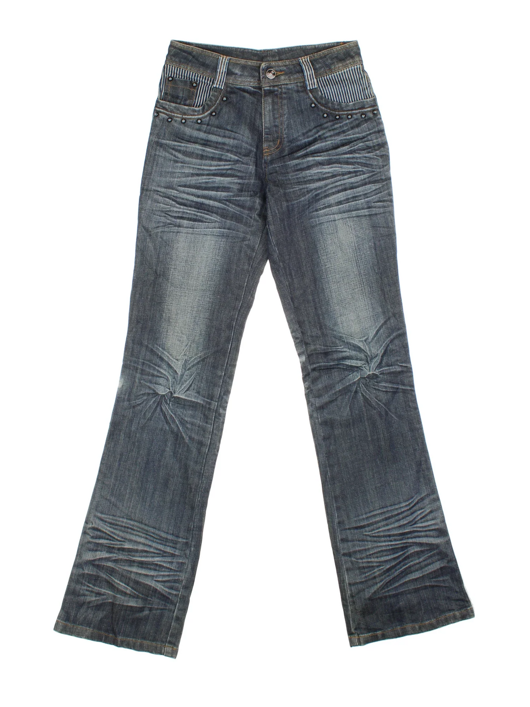 Y2K Studded  Low Rise Flared Jeans in blue colourway with multiple pockets, contrast stitching and stud detail on front and back.