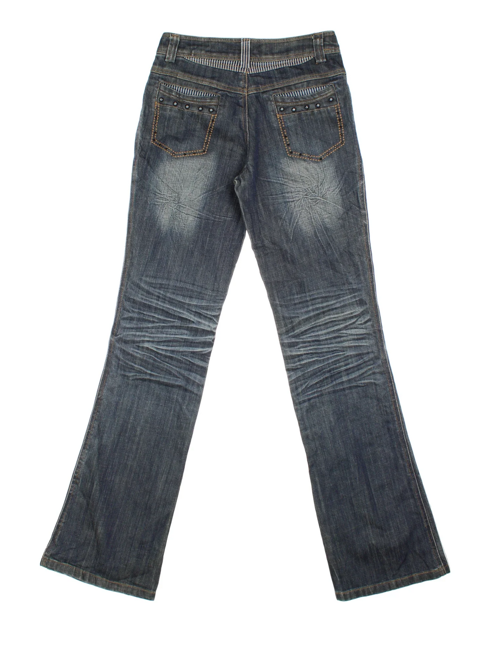 Y2K Studded  Low Rise Flared Jeans in blue colourway with multiple pockets, contrast stitching and stud detail on front and back.