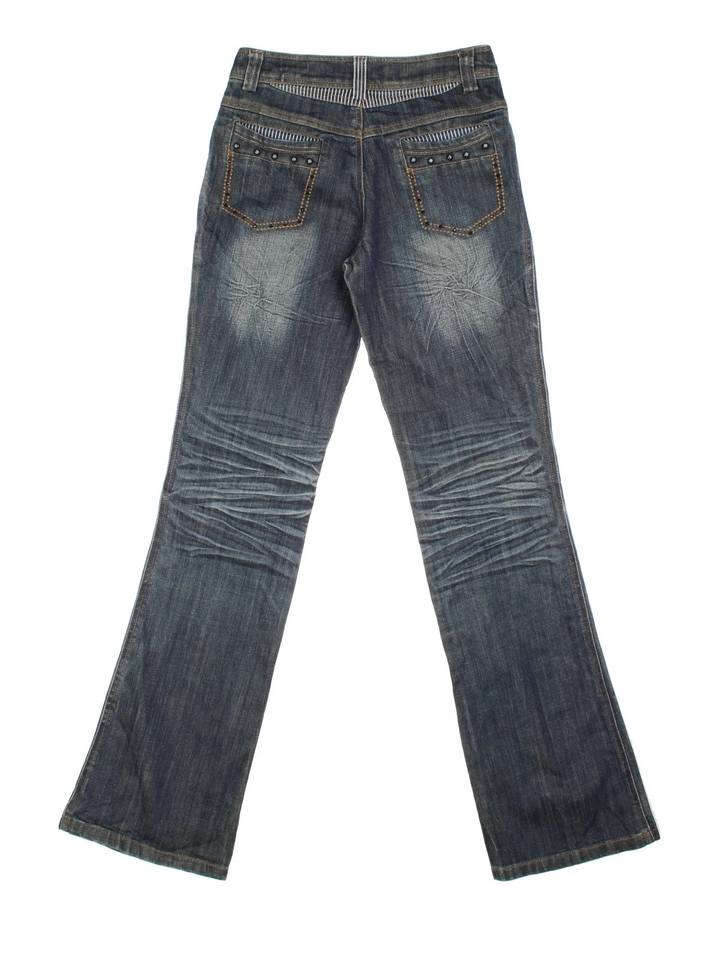 Y2K Studded  Low Rise Flared Jeans in blue colourway with multiple pockets, contrast stitching and stud detail on front and back.